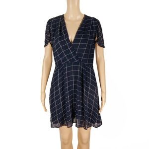 Reformation Navy Blue White Checkered Short Sleeve Sun Dress